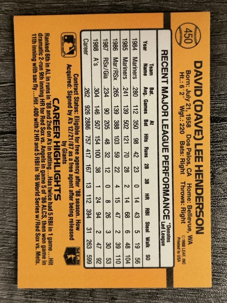 1989 Donruss #450 Dave Henderson