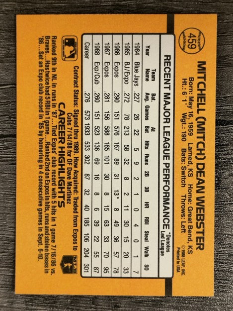 1989 Donruss #459 Mitch Webster