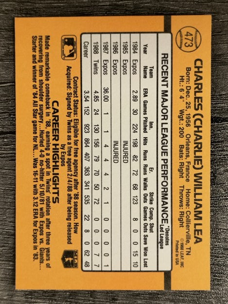 1989 Donruss #473 Charlie Lea