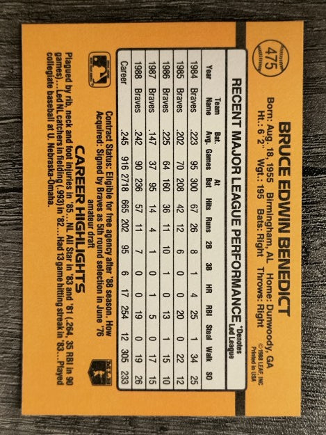 1989 Donruss #475 Bruce Benedict