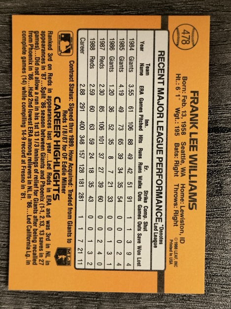 1989 Donruss #478 Frank Williams