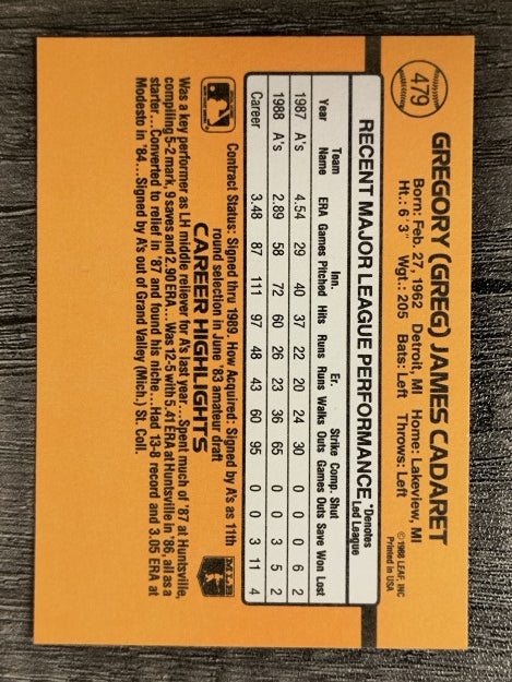 1989 Donruss #479 Greg Cadaret