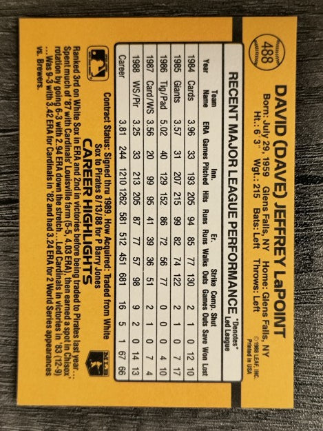1989 Donruss #488 Dave LaPoint