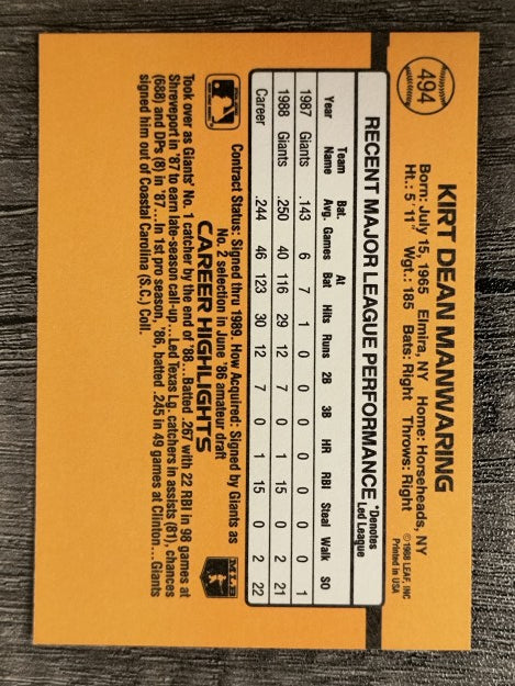 1989 Donruss #494 Kirt Manwaring