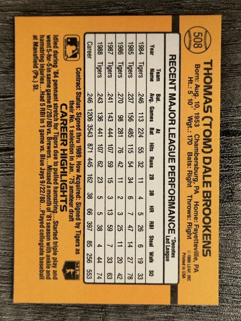 1989 Donruss #508 Tom Brookens