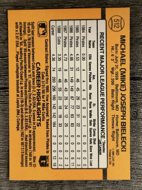 1989 Donruss #512 Mike Bielecki