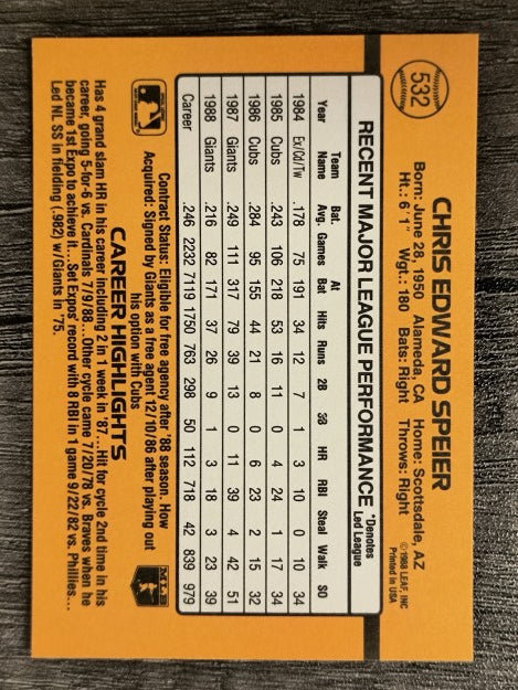 1989 Donruss #532 Chris Speier