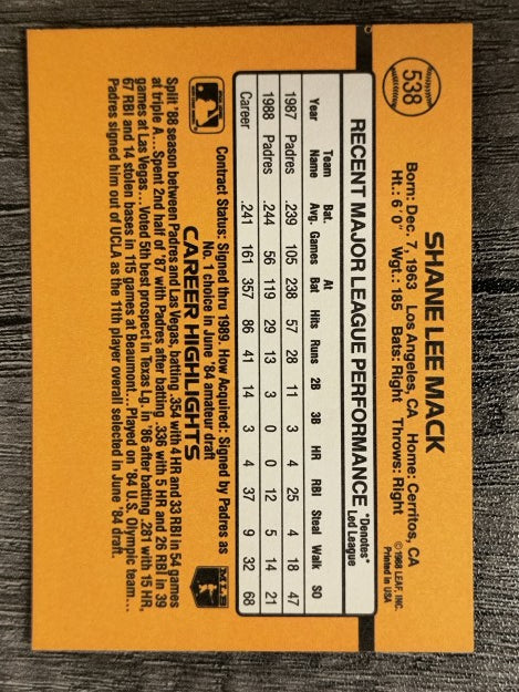 1989 Donruss #538 Shane Mack