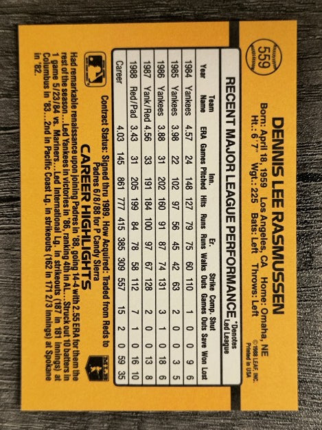 1989 Donruss #559 Dennis Rasmussen