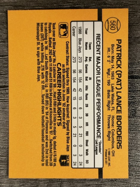 1989 Donruss #560 Pat Borders RC