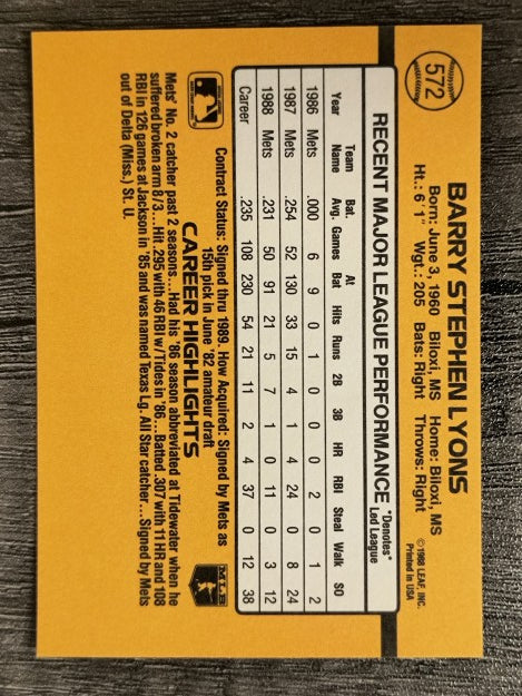 1989 Donruss #572 Barry Lyons