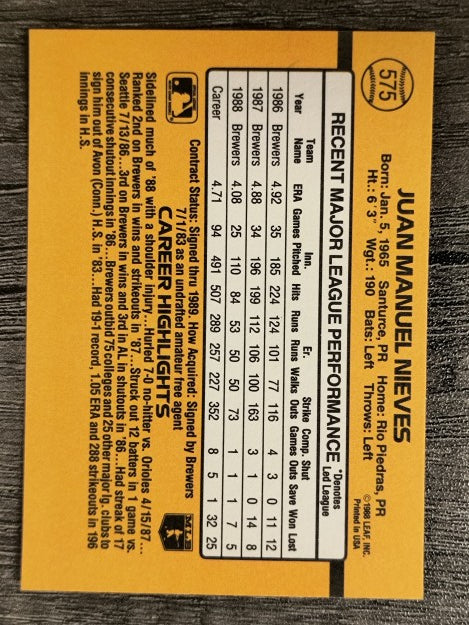 1989 Donruss #575 Juan Nieves