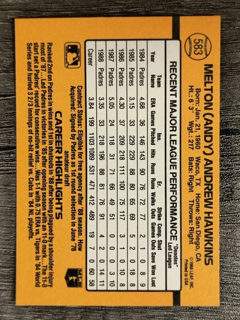 1989 Donruss #583 Andy Hawkins
