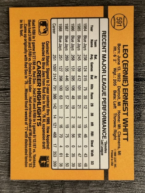 1989 Donruss #591 Ernie Whitt