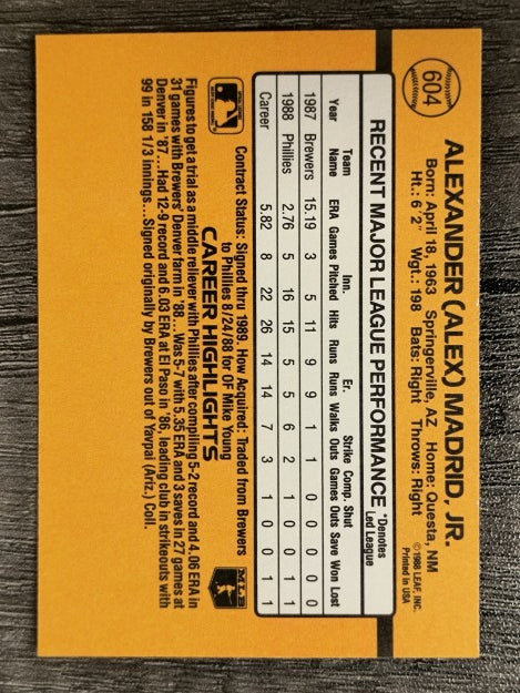 1989 Donruss #604 Alex Madrid