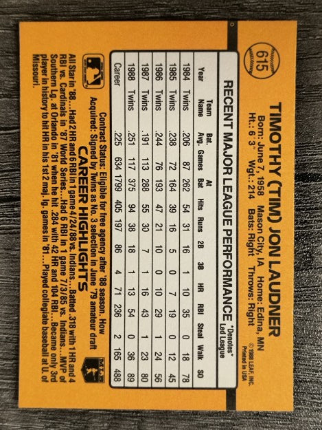 1989 Donruss #615 Tim Laudner