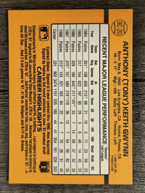 1989 Donruss Bonus MVP's #BC20 Tony Gwynn