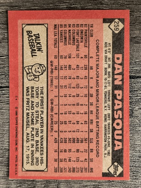 1986 Topps #259 Dan Pasqua