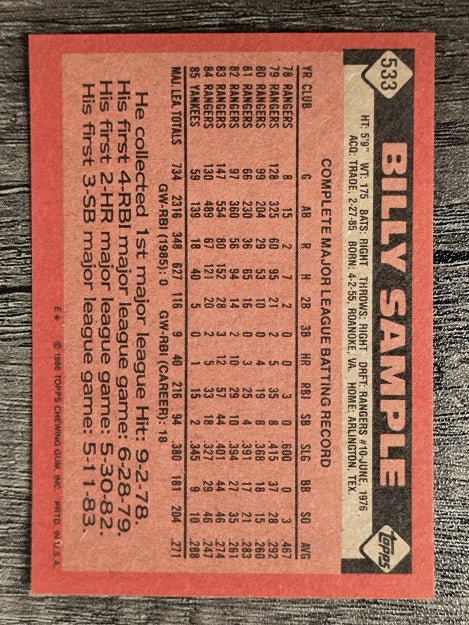 1986 Topps #533 Billy Sample