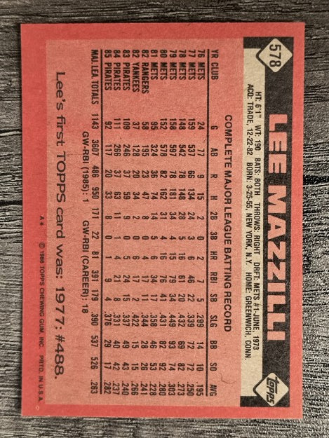 1986 Topps #578 Lee Mazzilli