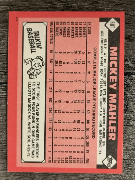 1986 Topps Traded #68T Mickey Mahler