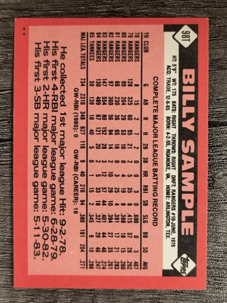1986 Topps Traded #98T Billy Sample
