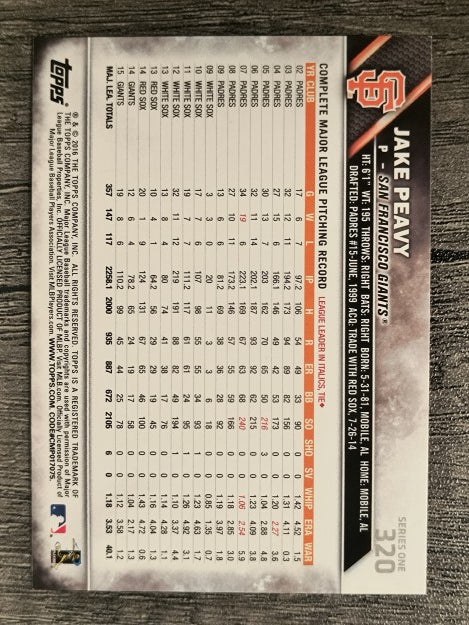 2016 Topps #320 Jake Peavy
