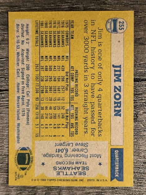 1982 Topps #255 Jim Zorn/Dave Krieg