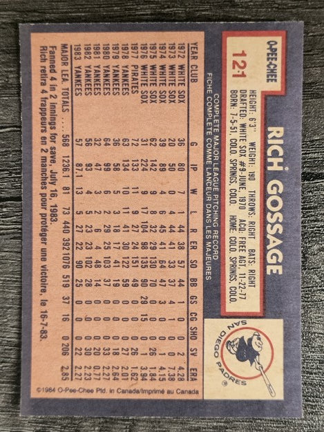 1984 O-Pee-Chee #121 Rich Gossage