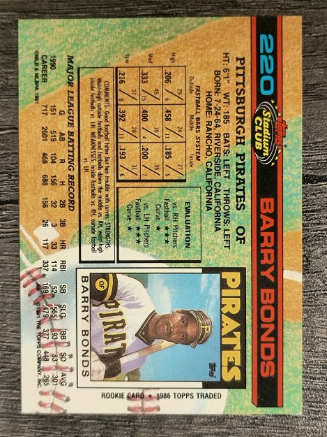 1991 Stadium Club #220 Barry Bonds
