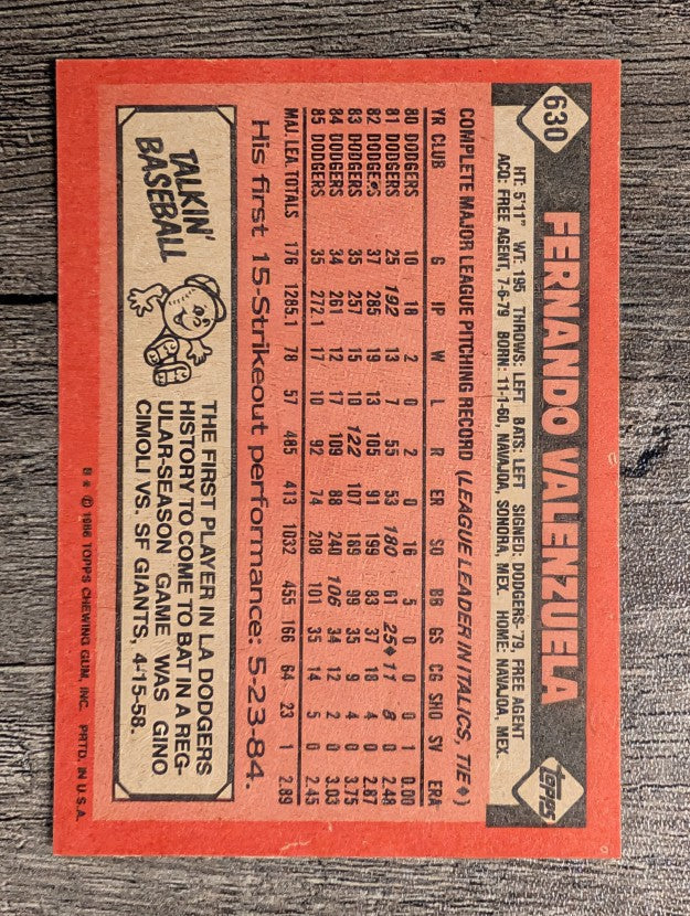 1986 Topps #630 Fernando Valenzuela