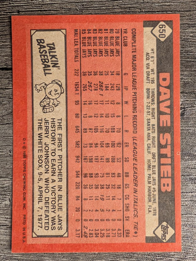1986 Topps #650 Dave Stieb