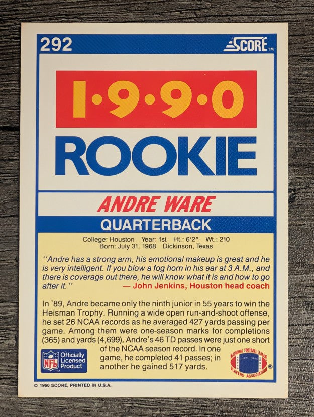 1990 Score #292 Andre Ware RC