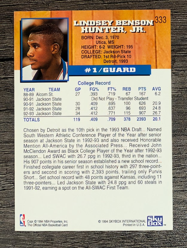 1993-94 Hoops #333 Lindsey Hunter RC