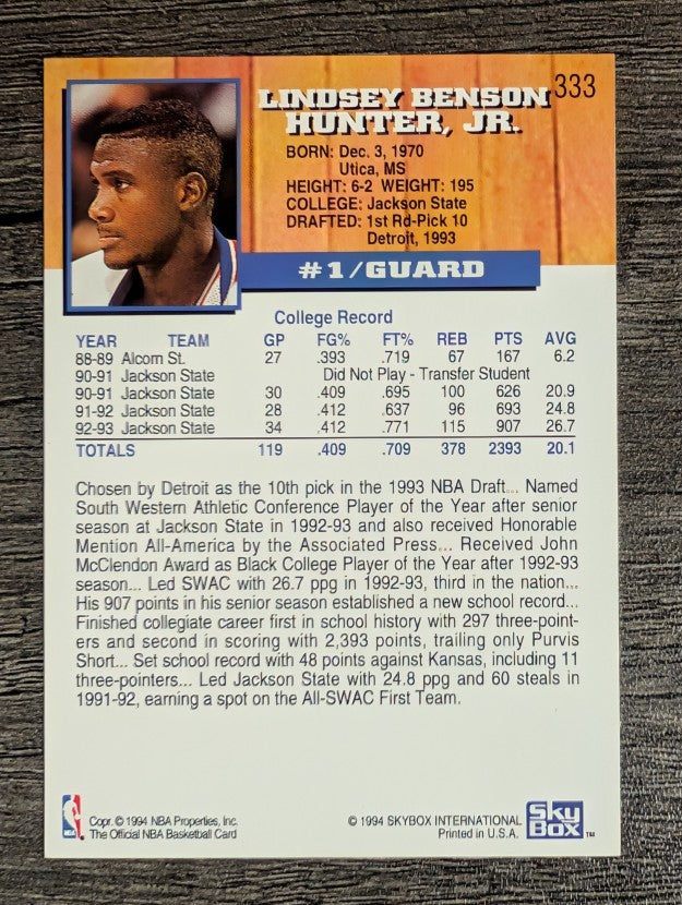 1993-94 Hoops #333 Lindsey Hunter RC