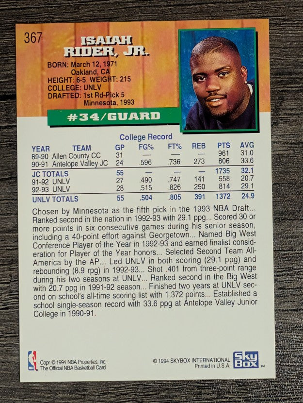 1993-94 Hoops #367 Isaiah Rider RC