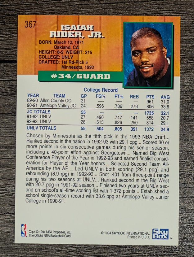1993-94 Hoops #367 Isaiah Rider RC