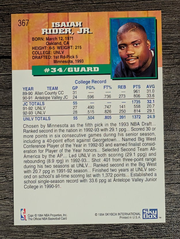1993-94 Hoops #367 Isaiah Rider RC