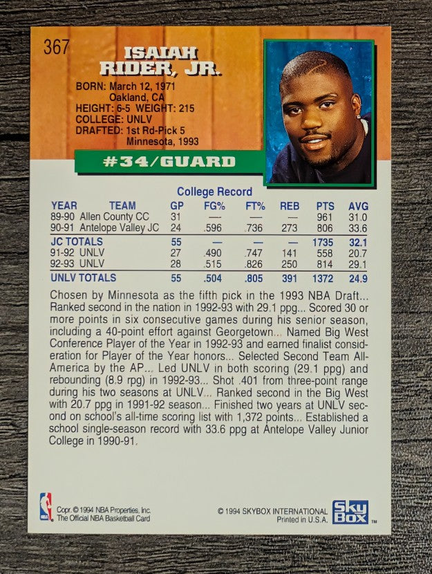 1993-94 Hoops #367 Isaiah Rider RC