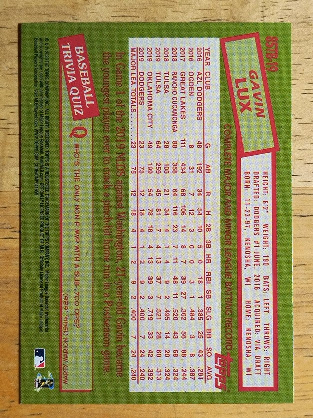 2020 Topps Update '85 Topps #85TB19 Gavin Lux
