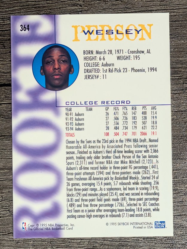 1994-95 Hoops #364 Wesley Person RC