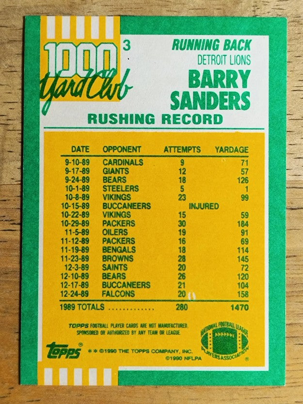 1990 Topps 1000 Yard Club Disclaimer Back #3 Barry Sanders