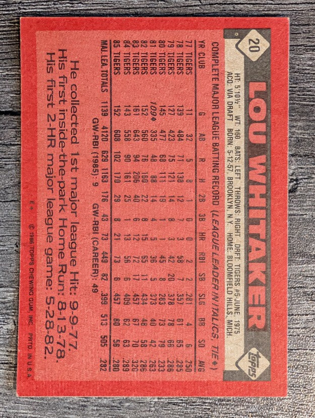 1986 Topps #20 Lou Whitaker