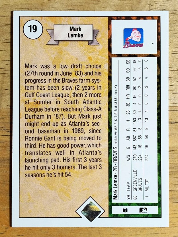1989 Upper Deck #19 Mark Lemke RC