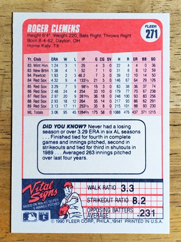 1990 Fleer #271 Roger Clemens