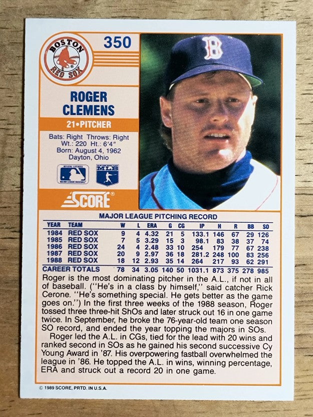 1989 Score #350 Roger Clemens COR/78 career wins