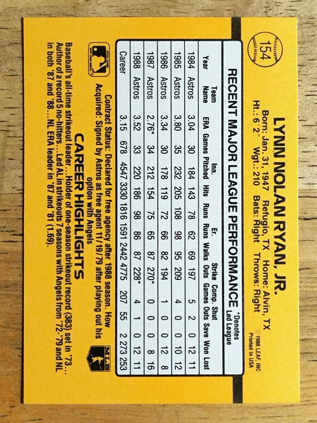 1989 Donruss #154 Nolan Ryan
