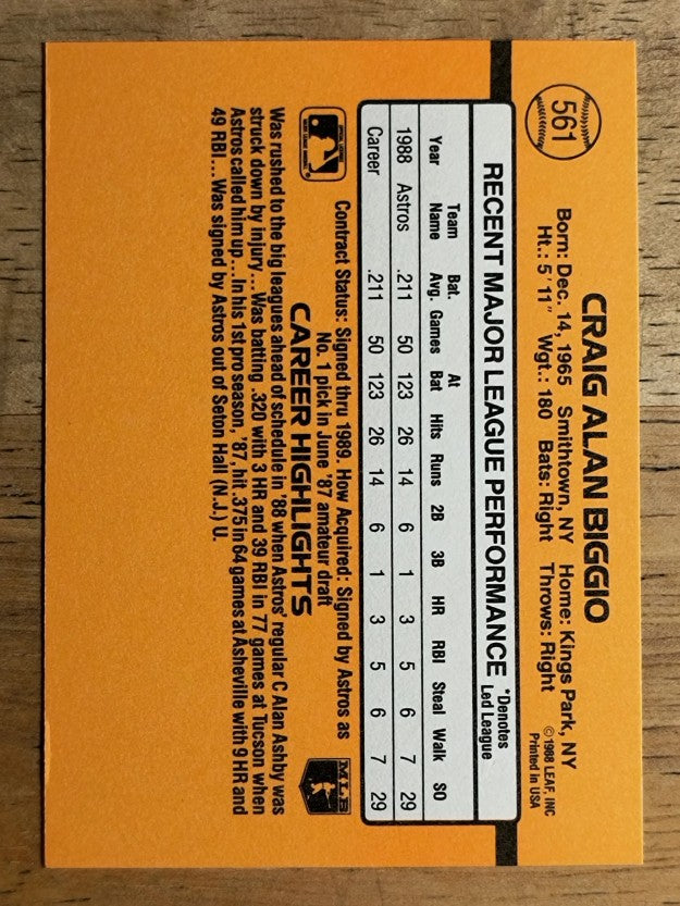 1989 Donruss #561 Craig Biggio DP RC