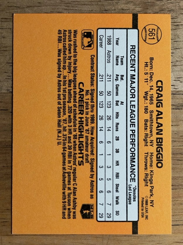 1989 Donruss #561 Craig Biggio DP RC