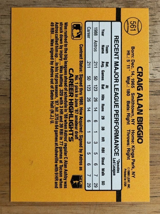1989 Donruss #561 Craig Biggio DP RC